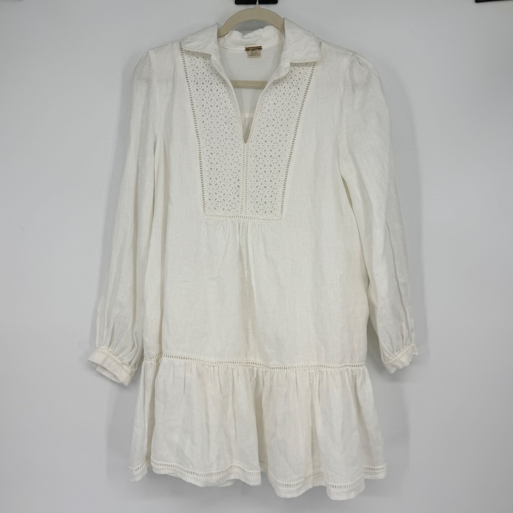 Magaschoni White 100% Linen Eyelet Lace Tiered Mini Dress Womens XS Long Sleeve